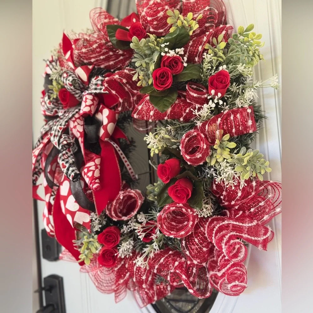 Valentine’s Day Heart Wreath | Large 24x26 Red Rose Door Decor | Handmade Luxe - Picture 4 of 5